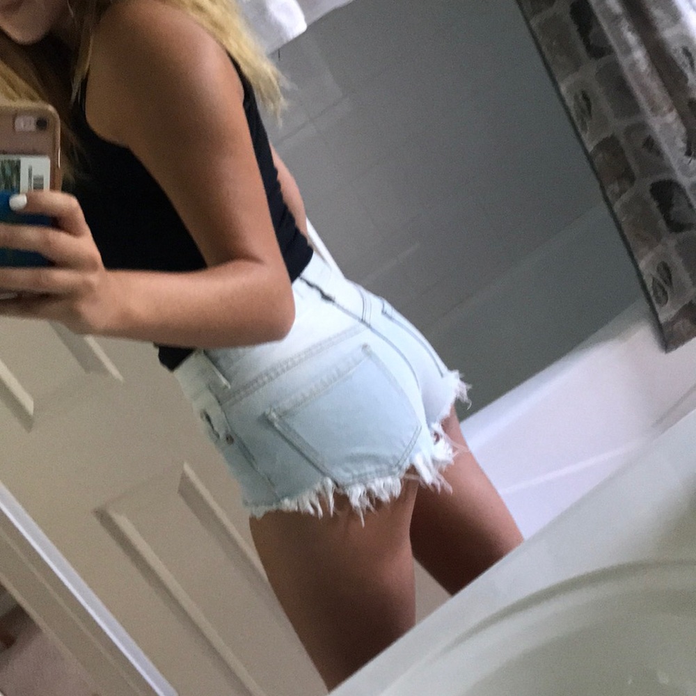 high rise light blue jean shorts